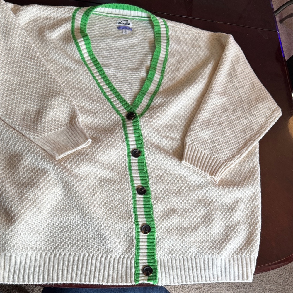 Elegant Cream Cardigan with Green Accents